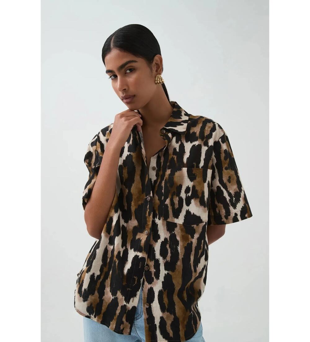 NWT Aje Studio Airlie Short Sleeve Shirt Leopard Print AU 10 US 6